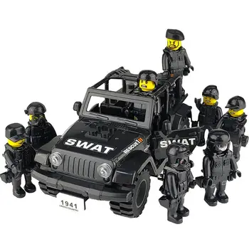 

SWAT Doll Army Vehicle Building Block Toy Set Jeep Wrangler Small Particles ABS Building Blocks Black SWAT with Jeep Toy