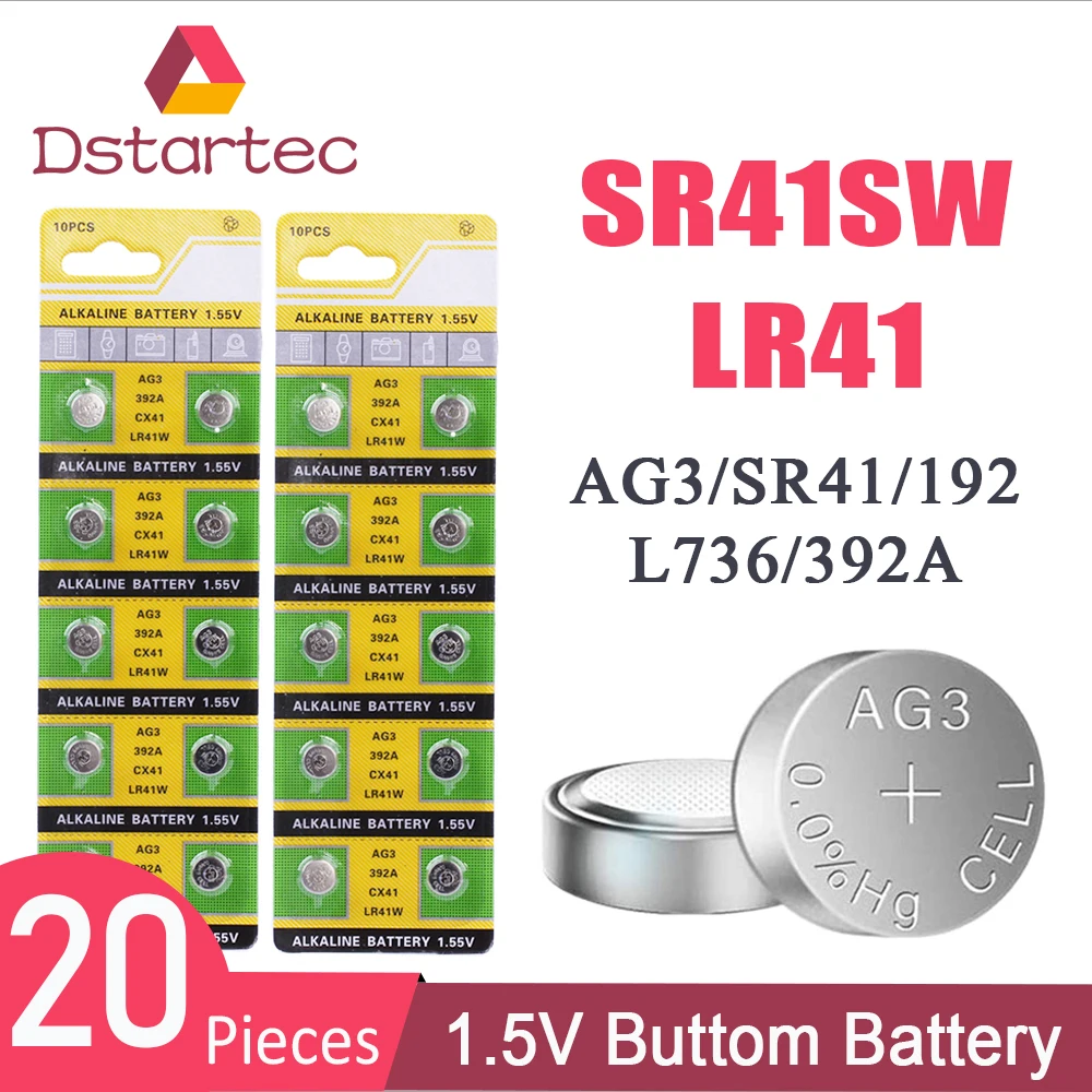 2020-Nuevo 20 piezas 1,55 V AG3 LR41 pilas de botón SR41 392 192 celular moneda Batería alcalina L736 384 SR41SW CX41 para relojes de juguete reloj