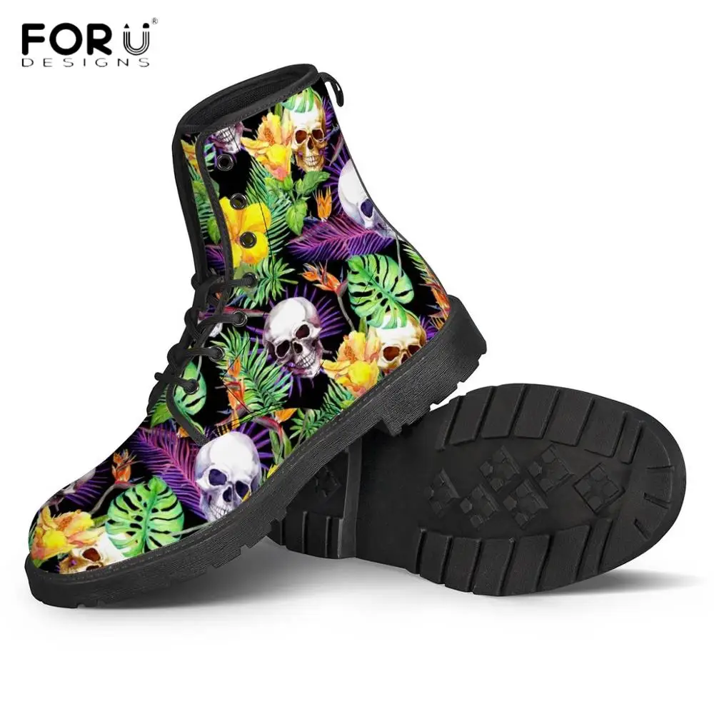 

FORUDESIGNS Monstera Tropical Leaves Skull Printing Woman's PU Leather Boots Female Winter Round Toe Shoes Fashion Ladies Boots