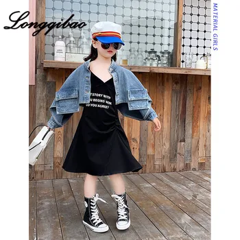 

Baby girl cotton dress 2019 early autumn new loose denim short cape vest + V-neck dress two sets of tide