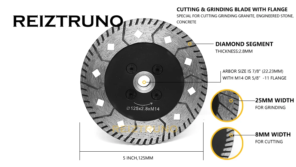 REIZTRUNO 5" Dual Turbo Circular Saw Cutter Diamond Grinding Wheel Angle Grinder Saw Blades for granite concrete with flange