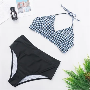 

2020 Sexy High Waist Gingham Bikini Swimwear Women Halter Push Up Bikini Set Swimsuit Female Biquini Beach Wear Bathing Suit