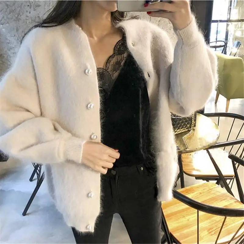 ^Cheap Korean Elegant Warm Mink Cashmere Sweater Cardigans Open Stitch Pearl Button Lantern Sleeve Sweater Cardigans