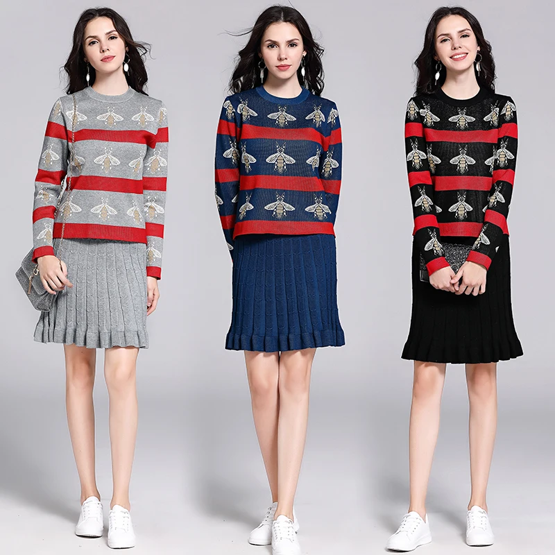 

Winter Autumn Ladies Stripe Embroidery Sweater + Skirt 2 Piece Set Women O Neck Long Sleeve Knitted Pullovers Skirt Suits