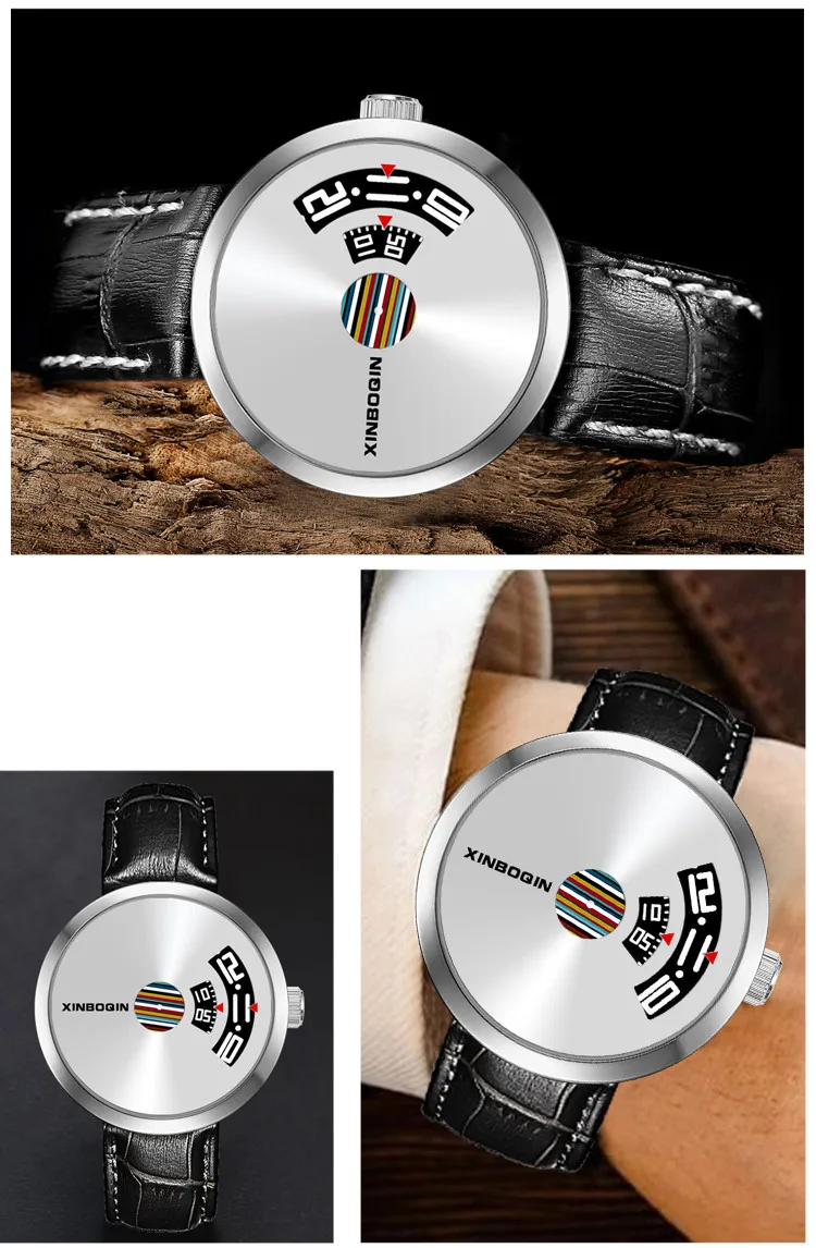 Брендовые новые дизайнерские часы без указателей для мужчин креативные Кварцевые водонепроницаемые часы из натуральной кожи радужные