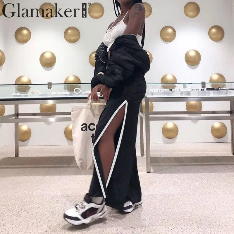 Glamaker черные хлопковые широкие брюки женские элегантные лоскутные брюки с разрезом и высокой талией женские осенние зимние вечерние повседневные сексуальные брюки