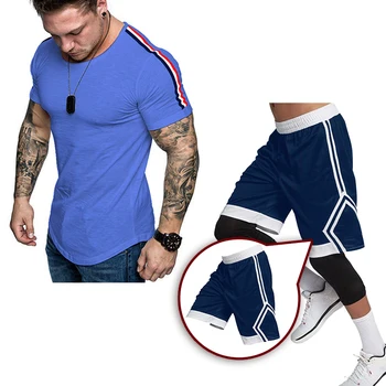 

new Solid color summer breathable beach shorts + short-sleeved T-shirt 2 piece set men's clothing striped brand sportswear suit