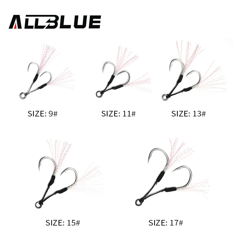 ALLBLUE 4pairs/lot Metal Jig Assist Hook With PE Line Feather Solid Ring Jigging Spoon Saltwater Fishhook for 5-80g Lure