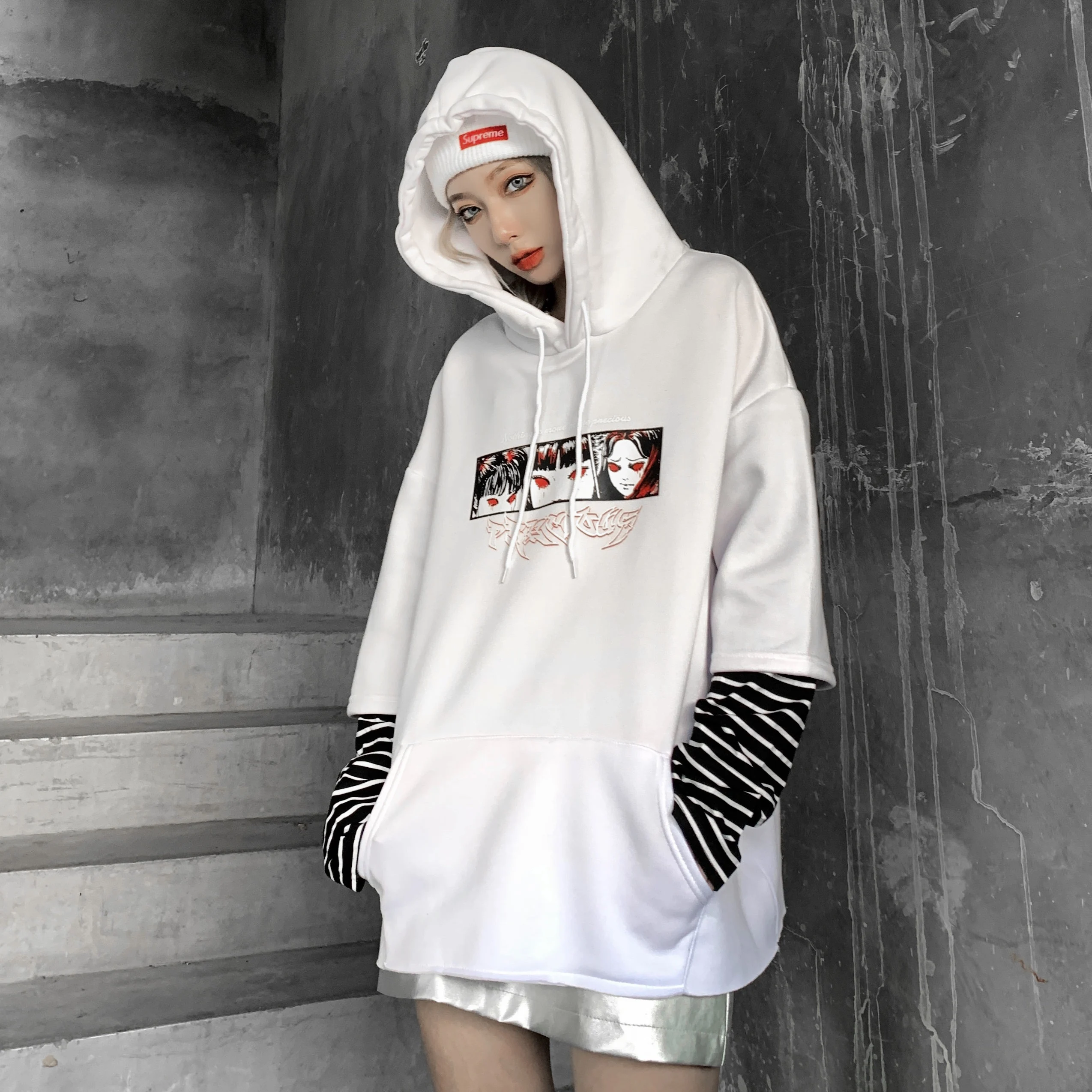 Белый Woherb Harajuku толстовки женские японские Мультяшные принты поддельные 2 шт полосатый с капюшоном Топы повседневные свободные женские новая уличная одежда - Цвет: Белый