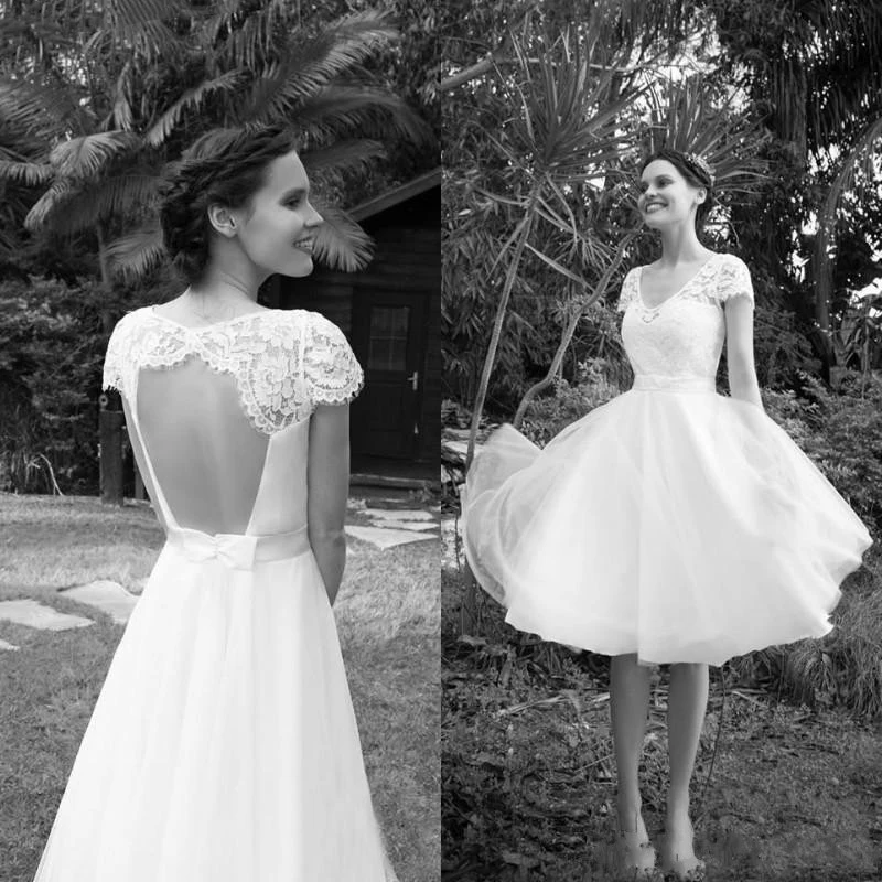 Short-Wedding-Dresses-Lace-Bow-Knee-Length-Backless-Cap-Sleeves-A-Line-Simple-2019-Wedding-Gowns