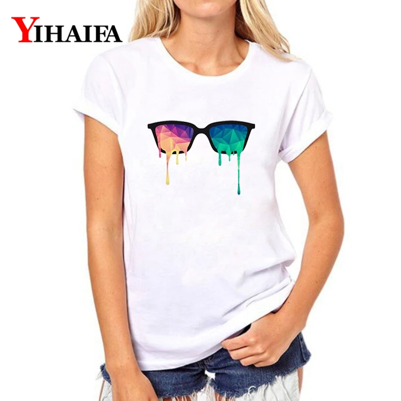 

Women T-shirt 3D Print Creative Painted Glasses Graphic Tee Casual Lady Summer White T shirts Funny Short Sleeve Tops