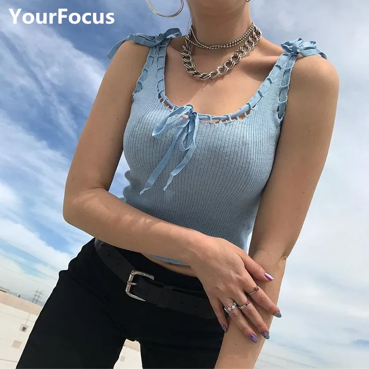 

Ins hot vintage cute streetwear baby blue lacing knitted cropped bow tank women tops