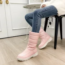 Большие Size33-50; женские ботинки; плюшевые теплые женские зимние ботинки до середины икры на плоской подошве с круглым носком; водонепроницаемые зимние ботинки на молнии; теплые ботинки; MAZIAO