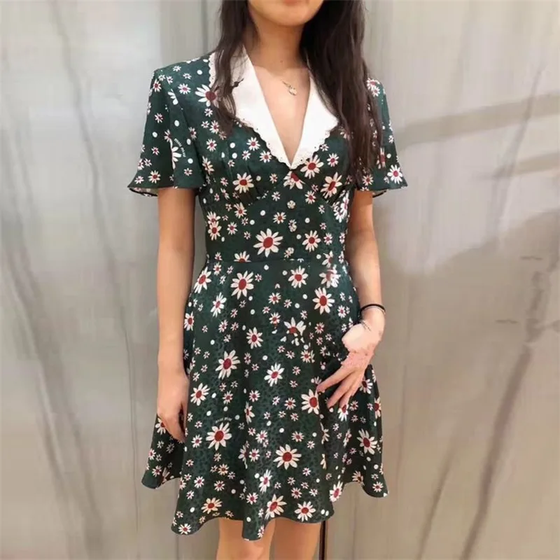 Prairie Chic Green Floral Print Dress Spring Summer Notched Collar Short Sleeve Daisy Print A-line Knee-Length Women Dress
