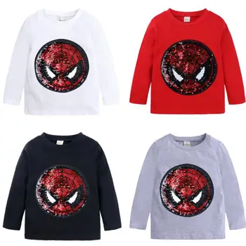 

2019spring Spiderman Captain America Shield Flip Sequins discolored Face Lovely Boy Baby Leisure Cotton Long sleeves Shirt