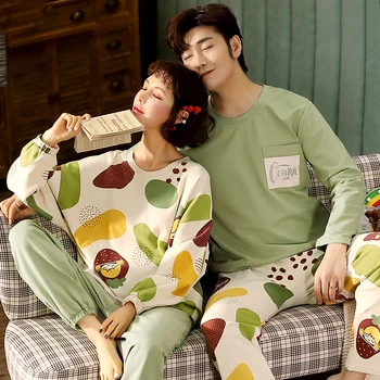 

Cotton Cartoon Winter Couple Pajamas Set O-Neck Casual Nightwear Long Sleeve Top + Long Pants Sleepwear Lovers Homewear