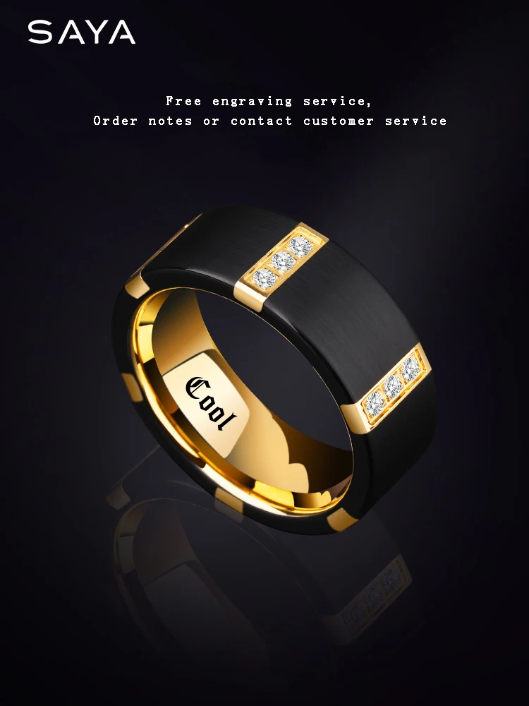 Black Tungsten Carbide Rings for Men With Gold Plating Inside Black Color Three PCS Cubic Zirconia, Free Shipping, Engraving