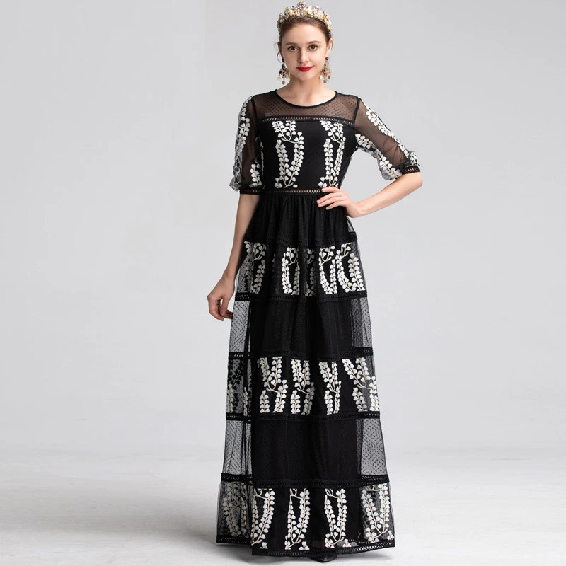 

Fashion Women Puff Sleeve Floral Embroidery Patchwork Elegant Evening Dress Black Vestidos Vintage Party Prom Dresses