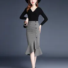 Модная, элегантная, темпераментная, falbala, клетчатая, рыбий хвост, юбка, высокая талия, удобная, бедра, облегающая, нерегулярная, пуговица, Женская юбка