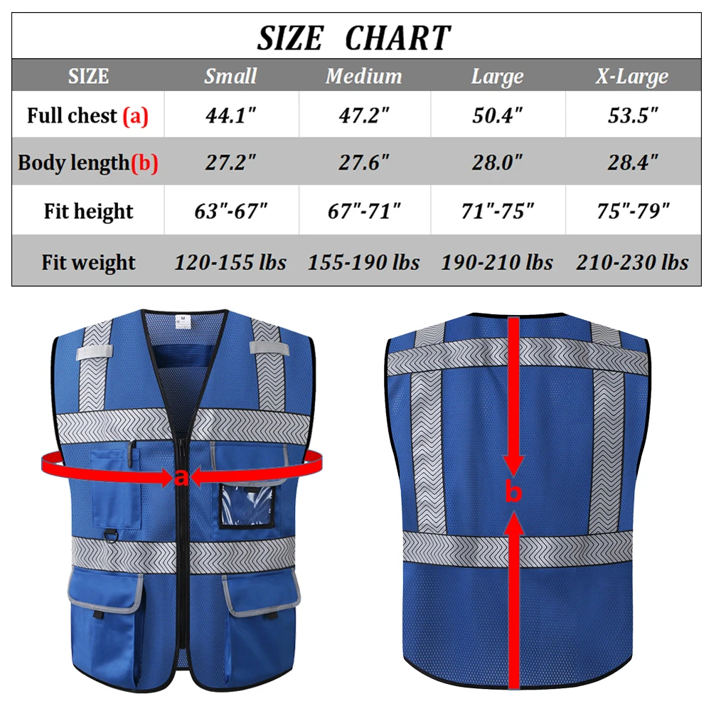 Blue Surveyor's Safety Vest for Men Women Protective Workwear Hi Vis Work Vest With Pockets and Zipper Security