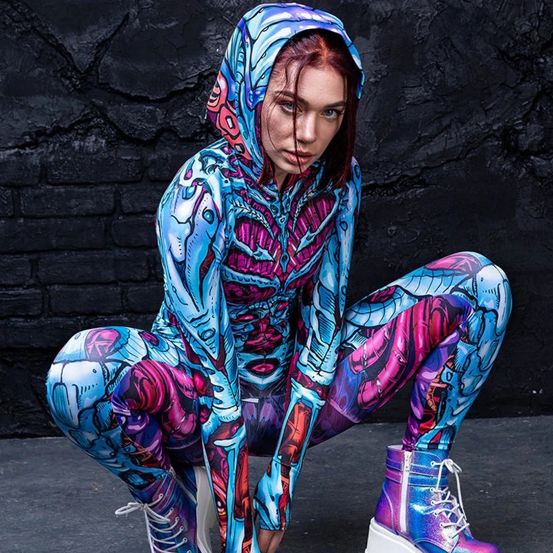 Halloween Costumes Skeleton Bodysuit Women Scary Skeleton Jumpsuit Print Zombie Cosplay Full Sleeve Autumn Winter