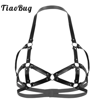

TiaoBug Women Harness Faux Leather Lingerie Halter Strappy Cups Rivets Caged Bra Tops Punk Gothic Rave Costume Hot Sexy Clubwear
