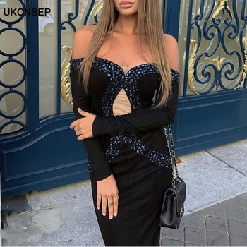 

UKCNSEP 2020 New Women Long Dress Sexy Long Sleeve Slash Neck Beads Maxi Dress Celebrity Party Dress Vestidos Bandage Dress