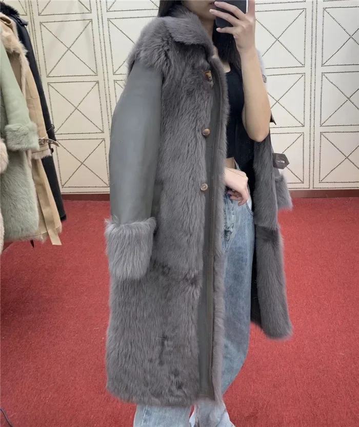 Длинное зимнее женское пальто из овчины, двустороннее овечье меховое пальто, женская куртка из натуральной кожи большого размера