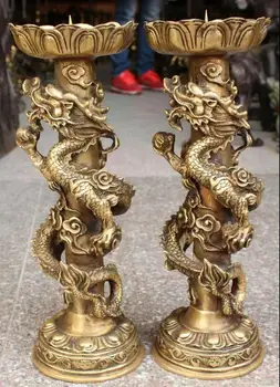 

15" Chinese Bronze Circle Twist Dragon Dragons Candlestick Holder Oil Lamp Pair