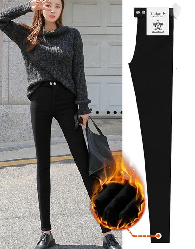 Black Two-button Зимние Бархатные утолщенные Леггинсы, новинка, обтягивающие черные штаны с высокой талией, магические обтягивающие штаны размера плюс 4XL 5XL, женская мода - Цвет: Black Two-button