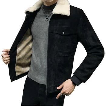 

2019 nueva chaqueta de cuero de ante forrada de algodón para invierno con capucha cuello de abrigos de piel sintética Hombre Abr