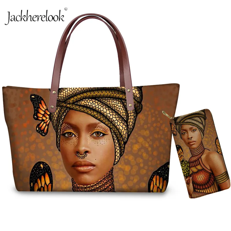 

African Queen Black Girl Women Handbags Art Exotic Ethnic Arfo Print Large Tote Bag for Women Vogue Purse with Handbag Set 2019