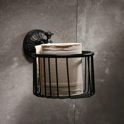 Tissue roll basket Набор аксессуаров для ванной, латунный стеллаж для полотенец, угловая полка, держатель для бумаги, держатель для туалетной щетки, крючок для халата, гвоздь, черный, масло, матовый, резной - Цвет: Tissue roll basket