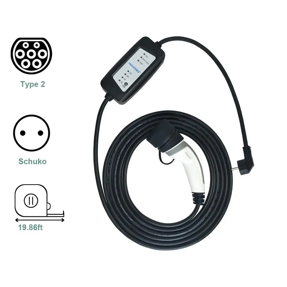 

YKS-ESNES Portable EV Charger type 2 IEC62196 16A 3.6kW EU Standard Schuko Plug 5M cable