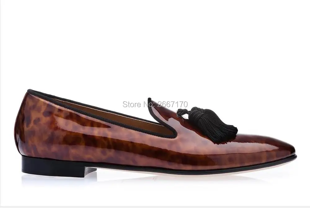Brown Toned Flats Fringed Loafers Patent Leather Slippers Tassel Shoes Men Slip on Fringed Loafers