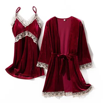 

Sleepwear Women Velour Kimono Robe Gown 2PCS Nighty&Robe Suit Autumn Winter New Nightdress Casual Sleep Suit Home Clothes