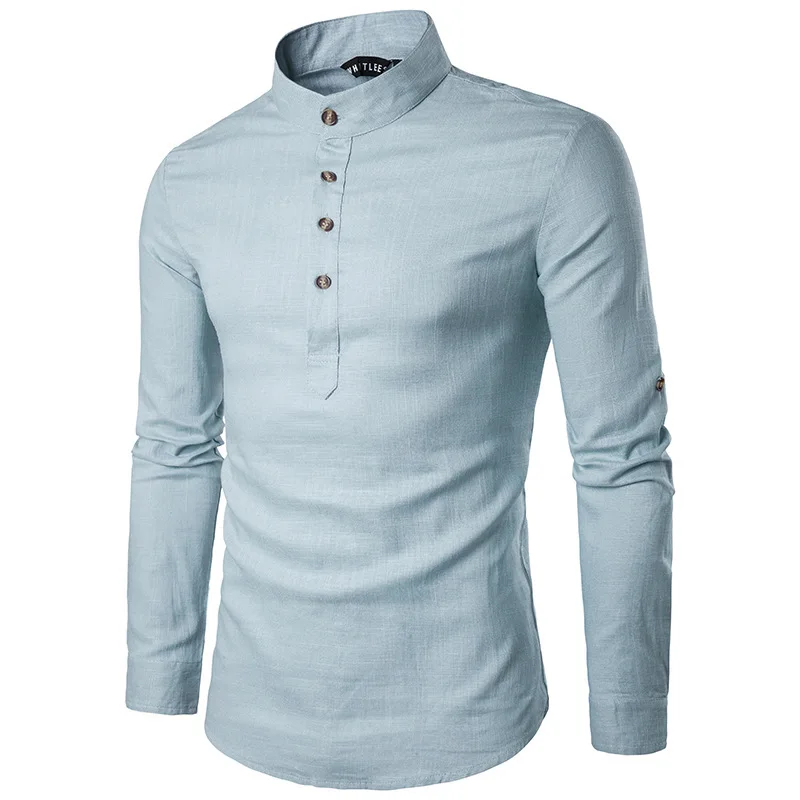 

Men's Stand-up Collar Solid Color Cotton and Linen Long-sleeved Shirt Chinese Style Loose Linen Shirt Oversized Men's Clothing