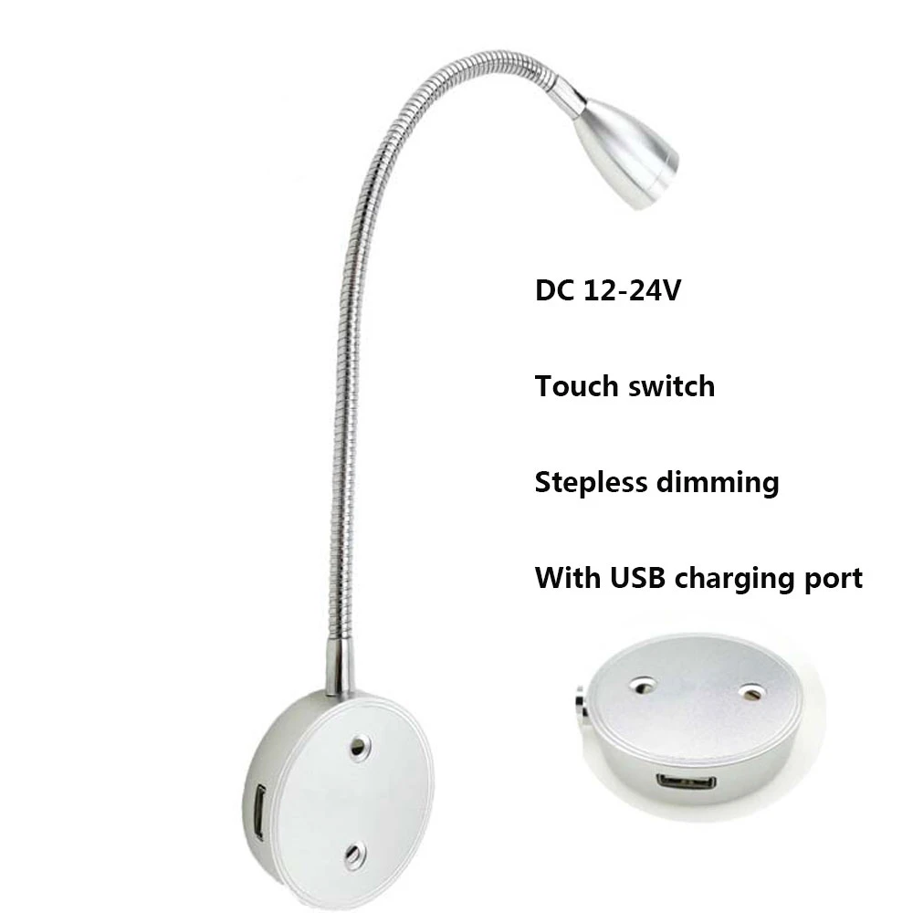 Touch Stepless Dimming LED Wall Lamp USB Rechargeable Port DC 12V 24V Hose Spotlight Hotel Bedroom Kitchen Bedside Reading Light wall lamps for bedroom