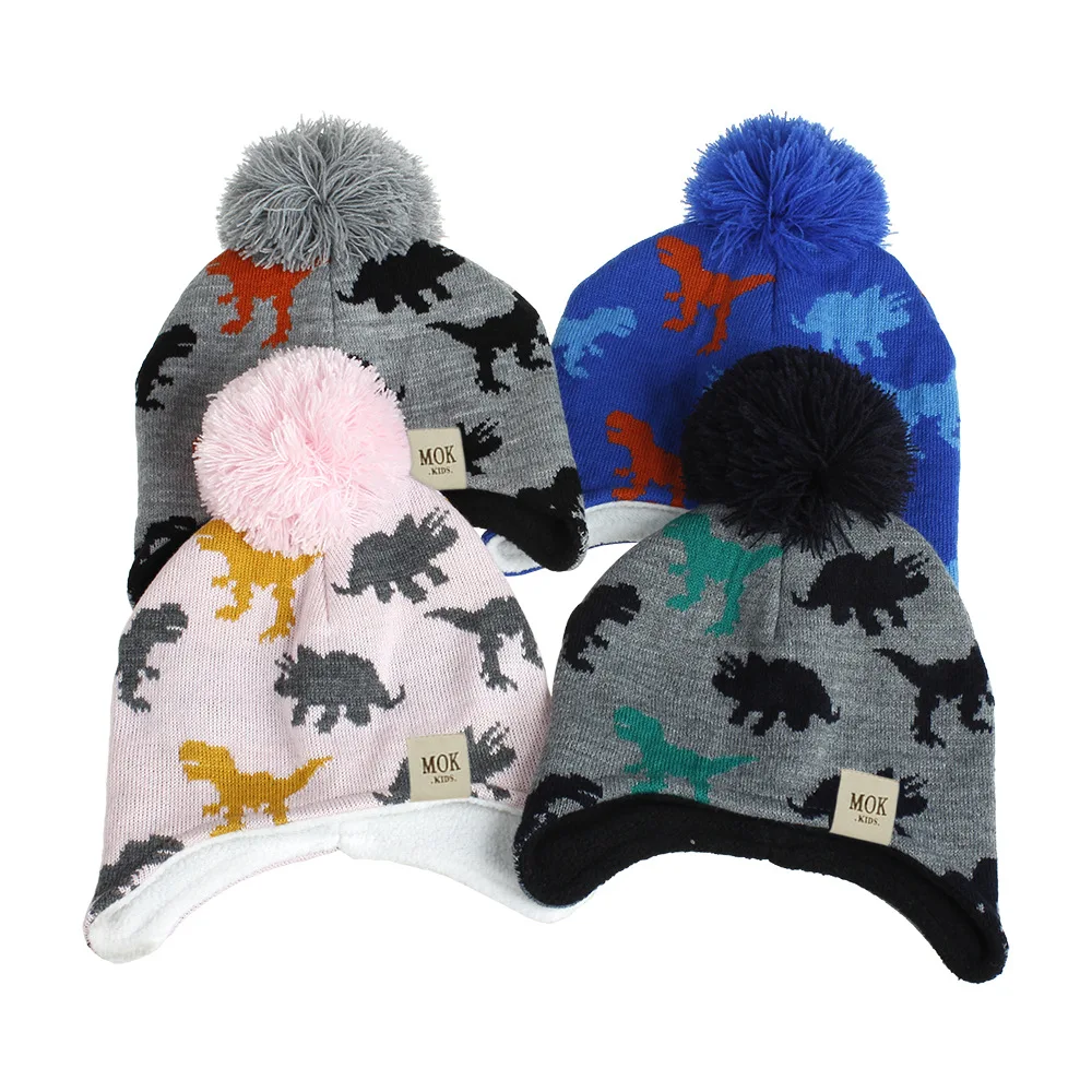 blue skully hat 2020 New kids Knitted hat children's winter beanies Cartoon dinosaur earmuffs skullies for boys girls kids hat 1-8 years bonnets plain skully hats