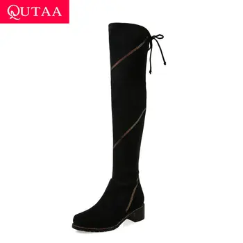

QUTAA 2020 Round Toe Square Heel Lace Up Fashion Over The Knee Boots Kid Suede Crystal Autumn Winter Women Shoes Size 34-40