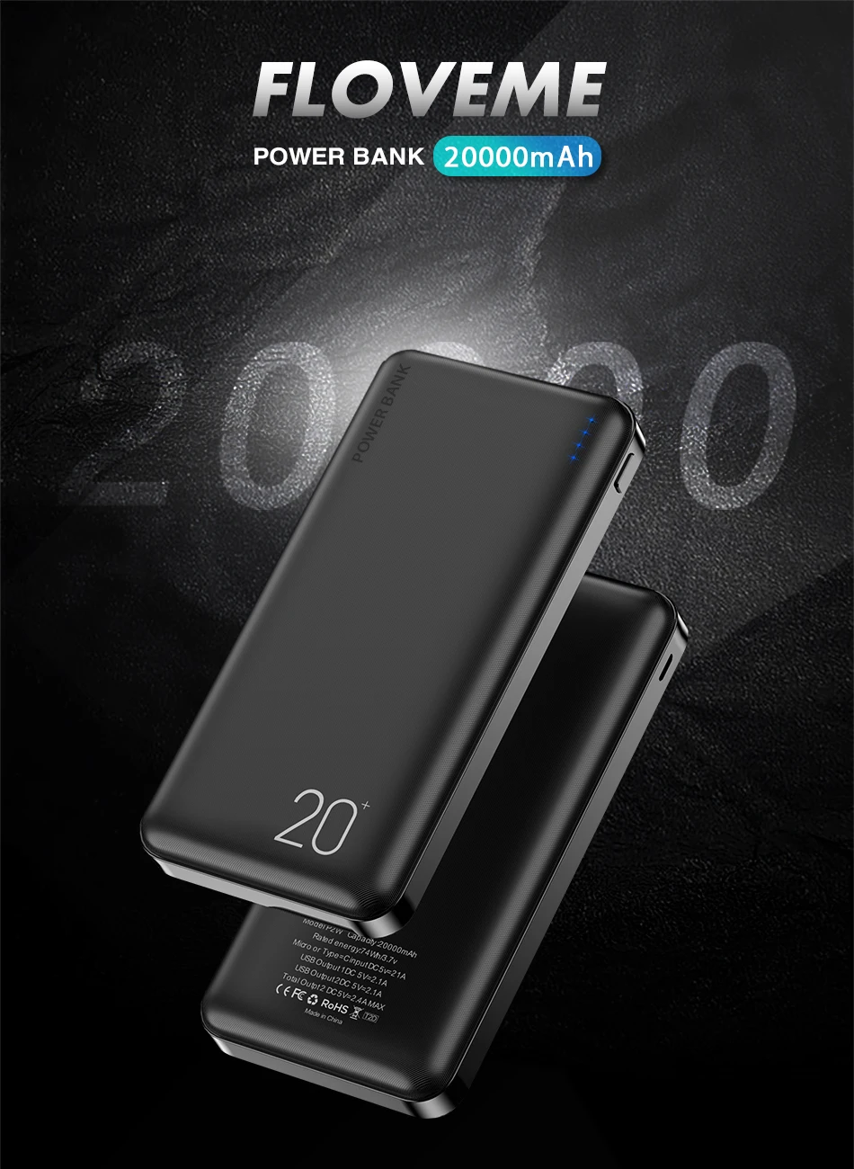 FLOVEME 20000 мАч, портативное зарядное устройство для iPhone, двойной USB выход, Дополнительный внешний аккумулятор 10000 мАч, универсальный высокоэффективный внешний аккумулятор