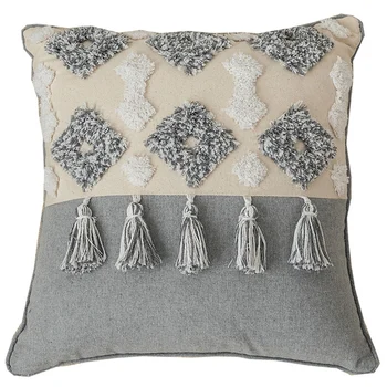 

Moroccan Style Cushion Cover Tuft Tassels Handmade Neutral Decoration Pillow Cover for Sofa Bed Grey Ivory Diamond Stripe-Grey