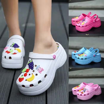 

Summer Women Platform Garden Sandals Cartoon Fruit Croc Clogs Ladies Slippers Slip On Girl Beach Shoes Fashion Slides Two Wear
