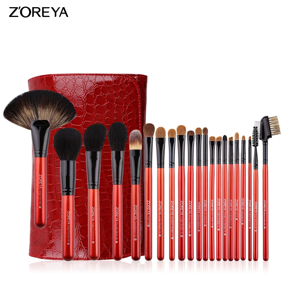 

Zoreya zhuo er ya Hot Sales 21 Red Crocodile Embossed Leather Wool Wooden Handle Top Grade Makeup Brush Set