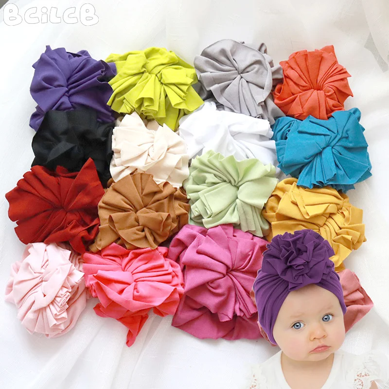 Gorros de Turbante de flores para bebé, gorro de algodón suave con lazo grande, turbante elástico, accesorios para el pelo turbante