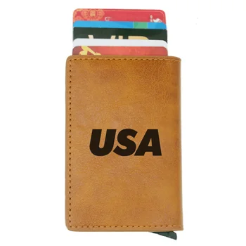 

United States of America USA Credit Card Holder Men And Women Metal RFID Vintage Aluminium Box PU Leather Fashion Card Wallet