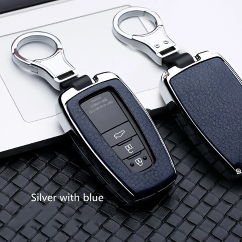 Чехол для ключей автомобиля из сплава+ кожи, держатель для Toyota Prius CHR C-HR Camry, защитный чехол для ключей с дистанционным управлением - Название цвета: silver with blue