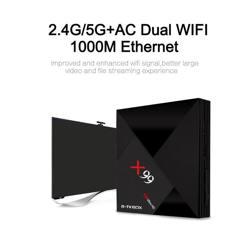 R-TV BOX X99 Android 7.1 TV Box RK3399 6 core 4GB Ram 64GB Rom Bluetooth 4.1 2.4G/5G Dual wifi 4K 3D 1000m Lan TV Set-top Box