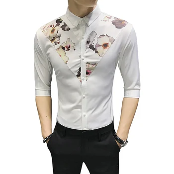 

Korean version of the slim printed shirt men's nightclub social trendy men's spring and summer clothes in the sleeve white shirt