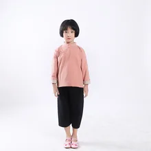 Стиль, китайский костюм для девочек детская одежда в этническом стиле в китайском стиле Весенняя хлопковая льняная одежда ручной работы с лягушкой и длинными рукавами, Xie Jin Chi